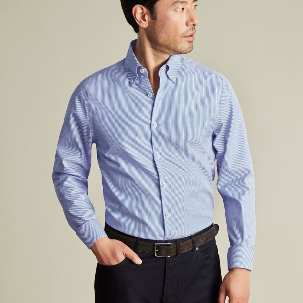 Charles Tyrwhitt Button-Down Non-Iron Oxford Stripe Shirt - Cobalt Blue 14.5
